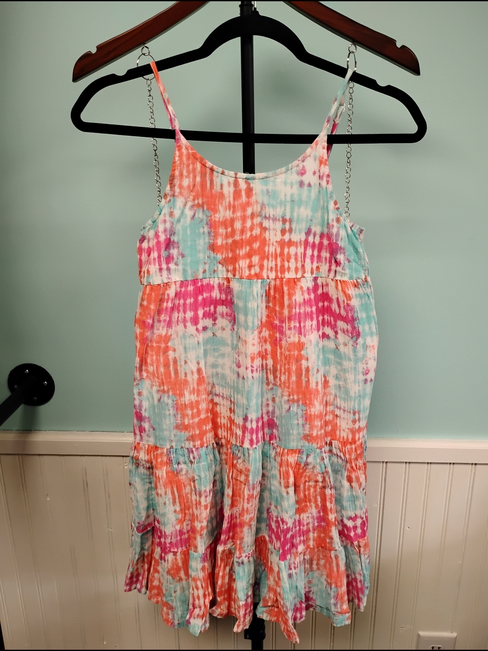 Girls Tie-Dye Spaghetti Strap Summer Dress - Coral, Aqua & Pink